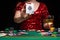 BACKGROUND FOR CASINO. A girl in an evening red dress plays in a casino, holds an ace card. Gambling business casino