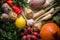 Background of celery roots, parsley, radishes with leaves and garlic, pumpkins and chili