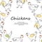 Background with chickens and roosters. Rooster and hens drawn in one line.