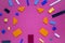 Background for children`s site, for the menu. Children`s constructors on pink. Multi-colored cubes. Games for motor developing mem