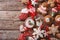 Background Christmas gingerbread closeup. Horizontal top view