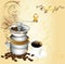 Background with coffee mill, grains and cup