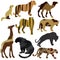 Background collection set of animals panther tiger camel giraffe in silhouette with fur texture