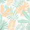 Background with colorful tropical leaves. Vector design. Flat jungle print. Floral background.