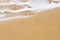 Background with copy space made of yellow sandy beach view of seashore with foamy wave.