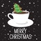 Background with cup of cocoa, gingerbread, snow and text