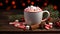 Background of a cup of hot cocoa topped with marshmallows. Christmas themed