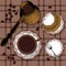 Background with a Cup of hot drink  fresh croissants  coffee spoon  Turk coffee