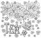 Background with cup, teapot, flowers in doodle style in black white for coloring page