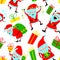 Background with cute Santa Claus and gift boxes. Christmas seam