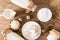 Background with dairy products. top view of the wooden countertop with bottles of milk, bowls of cottage cheese, eggs, cheese