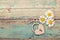 Background with daisies, lock-heart and keyon old boards with sh