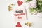 Background with decorative hearts, text Happy Valentine Day on card