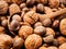 Background with different kinds of nuts walnuts kernels ,macadamia,hazelnut, and almond with wooden spoon. Selective focus depth