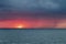 Background of dramatic sunrise on the sailing boat with tranquil sea water and epic morning sky, romantic Britanny coastline,