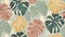 Background with drawn monstera leaves, subdued colors, shades of green, brown and orange. Illustration