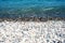 Background of empty shoreline of pebbles and sea water