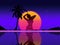 Background with the evening sun and a silhouette of a woman in the style of retrowave in the neon sky with stars, palm tree and