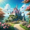 Background from a fairytale with a flower cartoon illustration castle of the princess and gorgeous scenery Beautiful roses