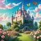 Background from a fairytale with a flower cartoon illustration castle of the princess and gorgeous scenery Beautiful roses