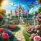 Background from a fairytale with a flower cartoon illustration palace of the princess and gorgeous scenery Beautiful roses