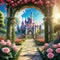 Background from a fairytale with a flower cartoon illustration palace of the princess and gorgeous scenery Beautiful roses