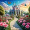 Background from a fairytale with a flower cartoon illustration palace of the princess and gorgeous scenery Beautiful roses