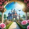 Background from a fairytale with a flower cartoon illustration palace of the princess and gorgeous scenery Beautiful roses