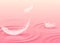 Background with feathers on liquid pink surface realistic vector illustration.