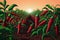 Background with a field of chili pepper plantations, Generative AI