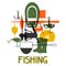 Background with fishing supplies. Design for flayers, covers, brochures and advertising booklets