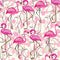 Background with flamingo and cherry blossom flowers and branches