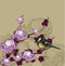 Background with flowering branch and bird titmouse, hand-drawing. Vector illustration.