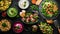 Background food and dishes. Salads, snacks and soups on black background.