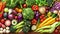 A background of food featuring a variety of fresh organic vegetables.