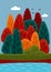 Background with forest illustration. Lots of red trees background. Magical orange autumn forest.