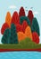 Background with forest illustration. Lots of red trees background. Magical orange autumn forest.