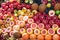 Background of fresh fruit in the market. Orange pomegranate grape lime coconut mango grapefruit