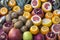 Background of fresh fruits of pomegranate oranges kiwi