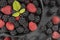 Background from fresh organic blackberries and raspberries, close up. Top view blackberry and raspberry