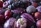 Background of fresh vegetables and fruits. Purple eggplant, blackberries, plums, grapes, figs, apples, grape and garlic. Top view.