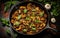 Background of fried porcini mushrooms in a pan with fresh basil