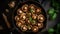 Background of fried porcini mushrooms in a pan with fresh basil, cream and appetizing caramelized onions. Generative AI