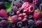 Background with frozen raspberries and blueberries.