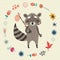 Background with funny raccoon flower and birds