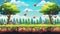 Background of game level with platforms and items. Modern cartoon landscape of forest, trees, flying islands with green