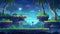 Background of a game level with platforms and items. This is a modern cartoon landscape of a night jungle with green