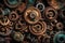 Background of gears of vintage rusty mechanism. Generative AI