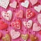 Background of gingerbread hearts on pink fabric. Valentine's Day Wallpapers. Wide Banner. Colorful Photo