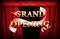 Background of golden grand opening banner with red curtain and ribbon
